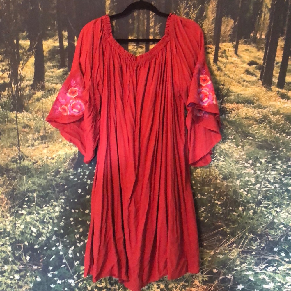 Burnt orange off the shoulder dress